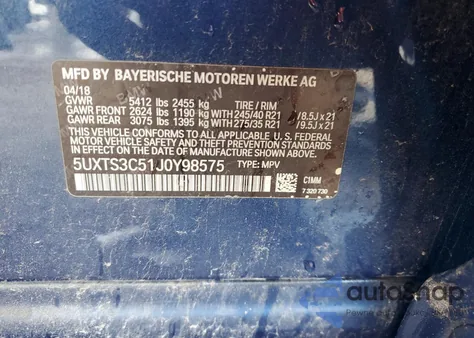 2018 BMW X3 xDrivem40I из США, поврежденный, VIN 5UXTS3C51J0Y98575